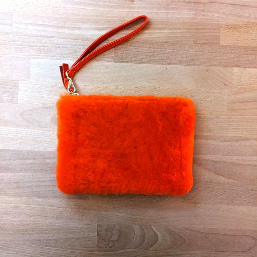 Primecut zipper shearling pouch in flaming Cheeto (with wrist strap)